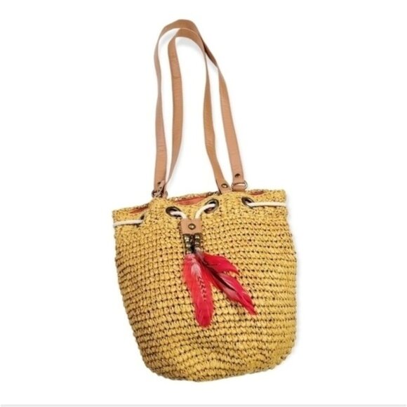 Weave rattan like slouchy Bucket Bag Mustard yellow - Picture 1 of 8